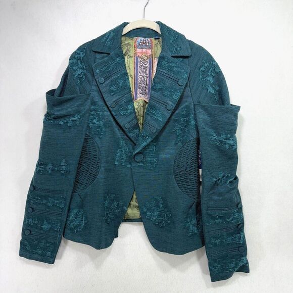 Vtg LAMB Gwen Stefani Blazer 10 Teal Brocade Jacket Y2K Distressed Eclectic Rare - Picture 1 of 16